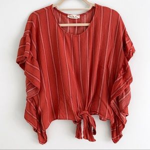 Boutique Style Oversized Blouse with Boho Chic Ruffle Sleeve in Persimmon Red